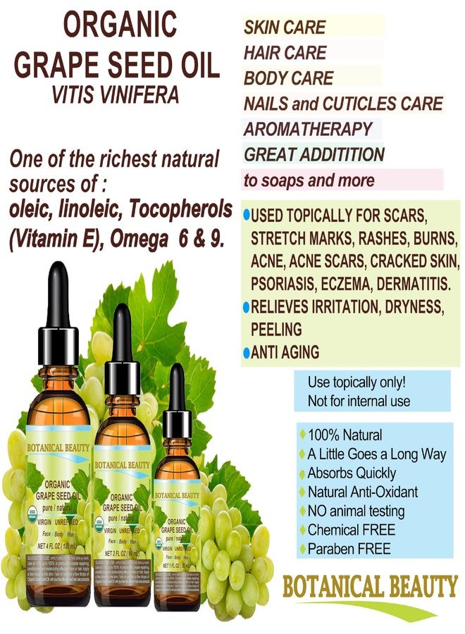 Botanical Beauty Organic GRAPE SEED OIL 100% Pure Natural VIRGIN UNREFINED Cold-Pressed Carrier Oil for Face, Skin, Body, Hair, Lip, Nails, Massage. Rich in Vitamin E (2 Fl Oz) - Image 4